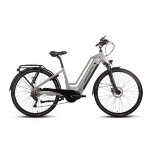 Saxonette Quantum Sport Trapez 28″ E-Bike, 250 W Mittelmotor, 36 V 15 Ah Akku, 100 km Reichweite, Shimano Deore 10-Gang, RH45, Mattsilber