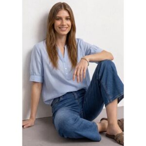 Street One Chambray Bluse mit Split Neck und Elastiksaum female Blau