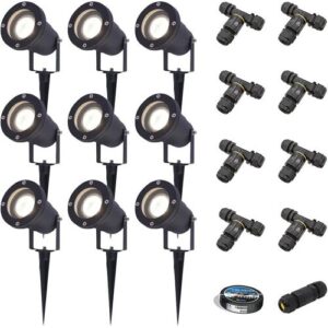 HOFTRONIC 9er Set Sydney LED Gartenstrahler mit Erdspieß – Dimmbar – Schwenkbar – GU10 4 Watt 345 Lumen – 4000K neutralweiß – IP65 – Schwarz – Erdspießstrahler – Inklusive Installationsmaterial (Kabel & Verbinder)