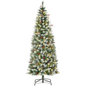 HOMCOM Weihnachtsbaum 1,8 m Christbaum mit 34 roten Beeren & Tannenzapfen, LED-Lichter Kunsttanne 618 Zweige PVC Stahl Grün-Weiß Ø65 x 180 cm   Aosom.de