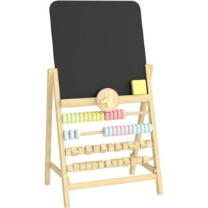 AIYAPLAY Abwischbare Kindertafel doppelseitig, Holztafel mit Staffelei, abnehmbare Uhr, integrierter Abakus, Schwamm, ab 2 Jahren, Holzfarben   Aosom