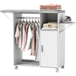 HOMCOM Mobile Bügelbrett aus Spanplatte und Schwamm mit Leinenstoff-Ablagefläche, 3 Würfelregalen und Aufhängung, 127×42,5×99 cm, Weiß   Aosom