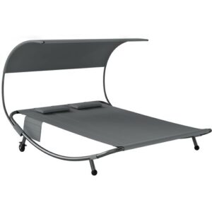 Outsunny Doppel-Sonnenliege mit abnehmbarem Verdeck, Gartenliege für 2 Personen in Texteline mit Rollen, 2 Kissen, Taschen, Stahlrahmen, für Terrasse Pool, max. 240 kg, Grau   Aosom