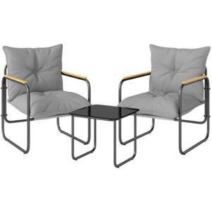 Outsunny 3-teiliges Garten Bistro Set Bistrotisch mit 2 Stühlen Glastisch Netz-Sitz dicken Kissen Holzoptik, Atmungsaktiv Bistro Gartenmöbel Balkonmöbel Set Outdoor Balkonset für Garten Terrasse   Aosom
