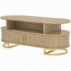 HOMCOM Ovaler Couchtisch, Moderner Wohnzimmertisch mit schiebbarer Tambourtür, Geschlossener Stauraum und offenen Regalen, Goldene Metallfüße, für Schlafzimmer, Wohnzimmer und Büro, 120x50x47,5cm, Eiche   Aosom