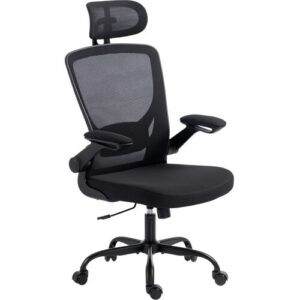 HOMCOM Ergonomischer Bürostuhl, Verstellbare Lenden- und Kopfstütze, Klappbare Armlehnen, Drehstuhl, Höhenverstellbar, Wippfunktion, Atmungsaktives Netz, Schwarz   Aosom
