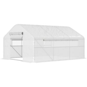 Outsunny 12 m² Garten-Gewächshaus, 4 x 3 x 2 m Tunnelgewächshaus mit Rolltüren und großen Mesh-Fenstern, verzinkter Stahl und PE mit hoher Dichte 140 g/m² UV-beständig, weiß   Aosom