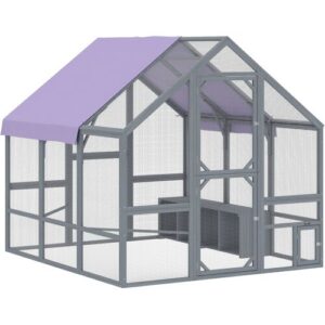 PawHut Hühnerstall 4㎡ ca.2,11 x 1,87 x 1,86 m Freilaufgehege Holz mit wetterfestem Tuch Sicherheitsschloss 2 Nistkasten 2 Sitzstange Hühnergehege für 8-10 Hühner für Hof Garten Dunkelgrau   Aosom