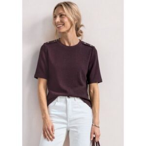 T-Shirt STREET ONE, Damen, Gr. 34, braun (rustic rouge), Stoff, Vorderseite: 59% Polyester, 40% Viskose, 1% Elasthan. Rückseite: 95% Viskose, 5% Elasthan, unifarben, normal normal, Rundhals, abgesteppt, Shirts T-Shirt, mit Strukturmix