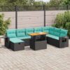vidaXL 9-tlg. Garten-Sofagarnitur mit Kissen Schwarz Poly Rattan Schwarz