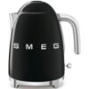 SMEG Wasserkocher 50´s Style, Schwarz, Metall, 1,7 L, 22.3×24.8×17.1 cm, automatische Abschaltung, manuelle Trockengehschutz, Überhitzungsschutz, 360°-Sockel, Anti-Rutsch-Füße, ergonomischer Griff, flaches Heizelement, abgedecktes weit aufklappbarer Decke