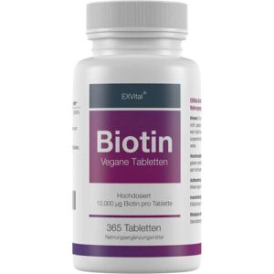 Biotin für Haare, Haut und Fingernägel hochdosiert von EXVital, 365 Tabletten