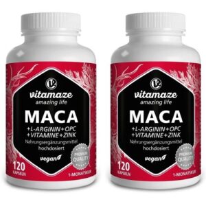 vitamaze Maca 10:1 Hochdosiert + L-Arginin OPC Vitamin vegan x2 2×120 St Kapseln