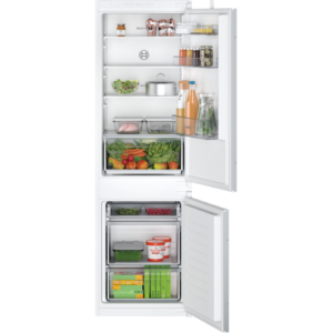 BOSCH Einbaukühlgefrierkombination „KIV86NSE0“, Energieeffizienz: E (A-G), silber (weiß), Rechtsanschlag, wechselbar, Kühlschränke, Multi Box XXL: extragroße Schublade für Obst und Gemüse