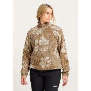 Stehkragenpullover JACK WOLFSKIN „PAW ERA 100 PRINT HZ W“, Damen, Gr. M (38/40), beige (paw, hazelwood), Obermaterial: 100% POLYESTER, Pullover Stehkragenpullover, Fleecepullover, weich, komfortabel