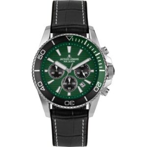 Chronograph JACQUES LEMANS „Liverpool Diver“, grün (schwarz, grün, silberfarben), Armbanduhren, Herren, Chronograph, Quarzuhr, Armbanduhr, Herrenuhr, Lederarmband, analog, Tag