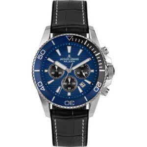 Chronograph JACQUES LEMANS „Liverpool Diver“, blau (schwarz, blau, silberfarben), Armbanduhren, Herren, Chronograph, Quarzuhr, Armbanduhr, Herrenuhr, Lederarmband, analog, Tag