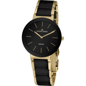 Keramikuhr JACQUES LEMANS „Monaco“, schwarz (schwarz, goldfarben), Armbanduhren, Damen, Quarzuhr, Armbanduhr, Damenuhr, gehärtetes Crystexglas
