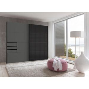Schwebetürenschrank WIMEX „Saigon“, grau (graphit, glas schwarz, schwarz), B:225cm H:208cm T:64cm, Holzwerkstoff, Schränke, Schwebetürenschrank, mit Glaselementen, 2 Türen, 225cm breit