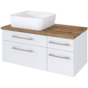 Waschtisch DAVOS 90 x 61 cm links mit Schubkästen Weiß matt/ Wotan Eiche