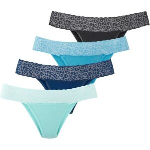 Brasilslip LASCANA, Damen, Gr. 40/42, blau (navy, blau, türkis, schwarz), Single Jersey, Obermaterial: 95% Baumwolle, 5% Elasthan, unifarben, bequem, Unterhosen, aus elastischer Baumwolle mit Leo-Spitze am Bund