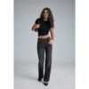 Stradivarius D92 Straight-Wide-Jeans mit Rissen  SCHWARZER DENIM-WASHED-LOOK 40