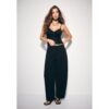 Stradivarius Eng anliegendes Top mit Flockprint und Spitze  Schwarz M