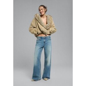Stradivarius D91 Jeans Weites Bein und tiefer Bund  MITTELBLAUER DENIM-WASHED-LOOK 32