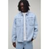 Herren Nietenbesetztes Denim-Überhemd   Light Blue   Größe 3XL   BOOHOOMAN
