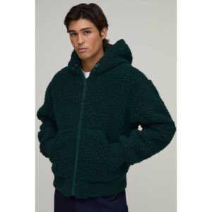Herren Grob Gestrickte Teddy-Strickjacke Mit Rippstrick Und Kapuze   Forest   Größe Small   BOOHOOMAN