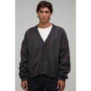 Herren Entspannt Geschnittene Kastige Gebürstete Gestrickte Strickjacke   Charcoal   Größe Medium   BOOHOOMAN