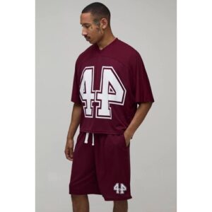 Herren Übergroßes Kastenförmiges Netzstoff-Fledermausärmel 44 Hockey-Oberteil Und Shorts Set   Burgundy   Größe Small   BOOHOOMAN