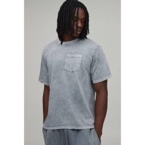 Herren Tall Essential Gewaschenes Regular Fit Oberteil Mit Brusttasche   Light Grey   Größe Large   BOOHOOMAN