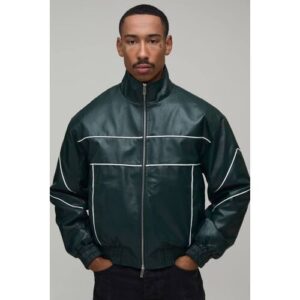Herren Bomberjacke Aus PU Mit Stehkragen Und Paspelierung   Forest   Größe Small   BOOHOOMAN