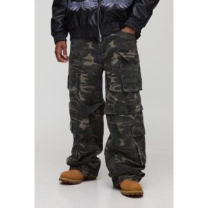 Herren Camo-Print Zip-Off 2-in-1 Baggy Cargo Hose   Grey   Größe 42   BOOHOOMAN