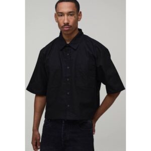 Herren Kastenförmiges Kurz Geschnittenes Halbarm Oxford Hemd   Black   Größe Small   BOOHOOMAN