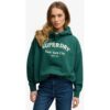 79.99 Superdry Damen Baumwolle Gesticktes Logo Luxe Lässiger Kapuzenpullover in Lockerer Passform, Grün & Creme, Größe: 38