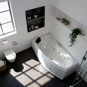 Indoor Whirlpool Eck-Raumsparbadewanne 160×90 Rechts cm, 13 Massagedüsen LED, Einbau, 1 Person, Acryl, Caribia MINI CORNER Basic, Made in Germany