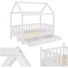 Juskys Kinderbett Marli 90 x 200 cm mit Bettkasten, Gitter, Lattenrost & Dach – Holz Hausbett Weiß