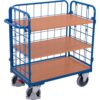 Variofit Dreiwandwagen, niedrig und vergittert mit 3 Etagen 850x500mm Enzianblau RAL 5016