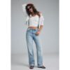 Stradivarius D92 Straight-Wide-Jeans mit Rissen  HELLBLAUER DENIM-WASHED-LOOK 44