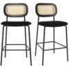 Miliboo Samt-Designhocker in Schwarz, Schwarzmetall und Rattan-Geflecht (2er Set) MIRANDA