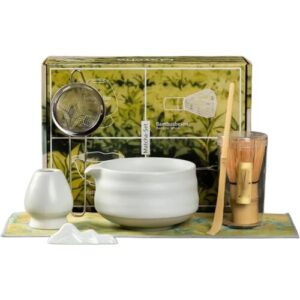 INF 7-teiliges Matcha-Set mit Ausguss – Kaolin Matcha-Kit mit Bambusbesen, Sieb und Schale für traditionelle Zubereitung Weiß